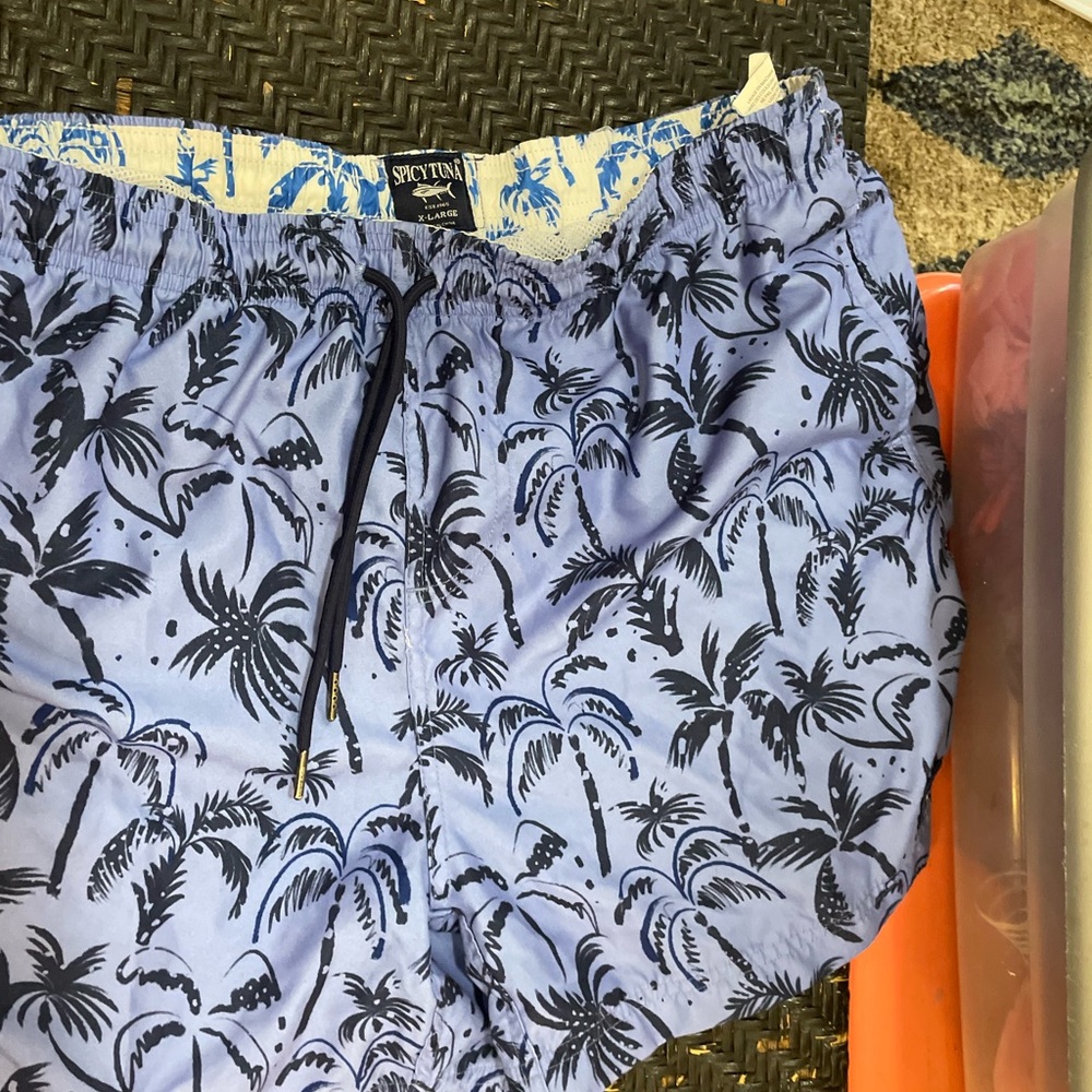 Spicy Tuna Blue Palm Print Men's Swim Trunks